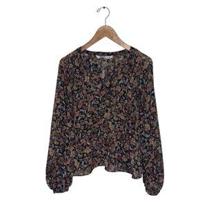 Zara Blouse Women's Size Medium Black Multi Floral Glitter Sheer Button Front‎